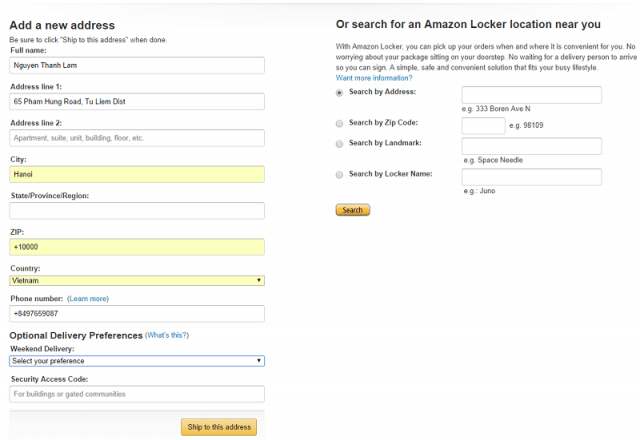 Bước điền địa chỉ khi mua hàng trên Amazon