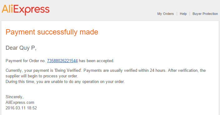 Email xác nhận thanh toán từ AliExpress