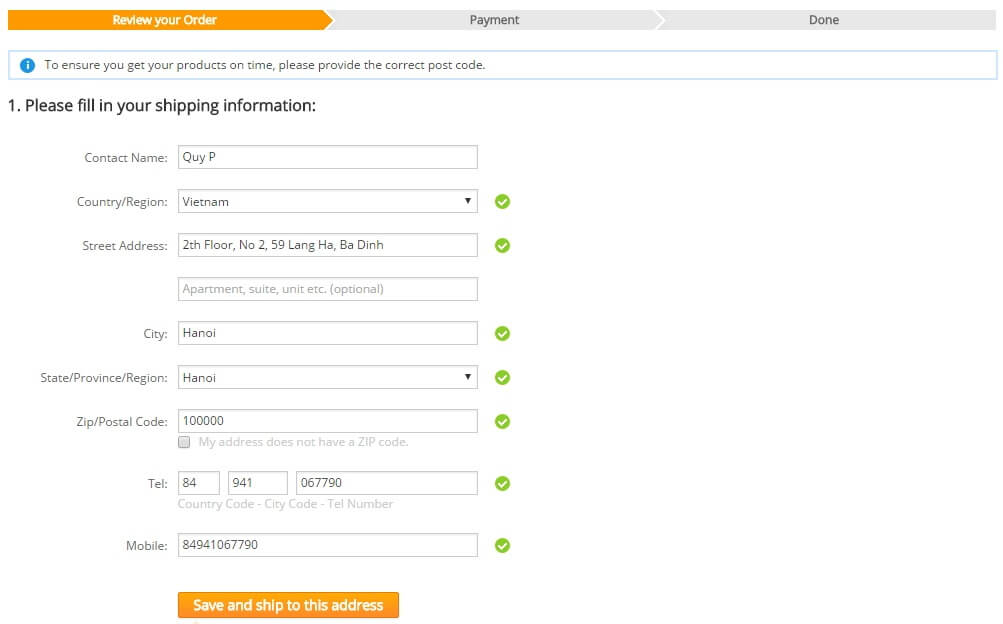 Điền địa chỉ nhận hàng ở Việt Nam