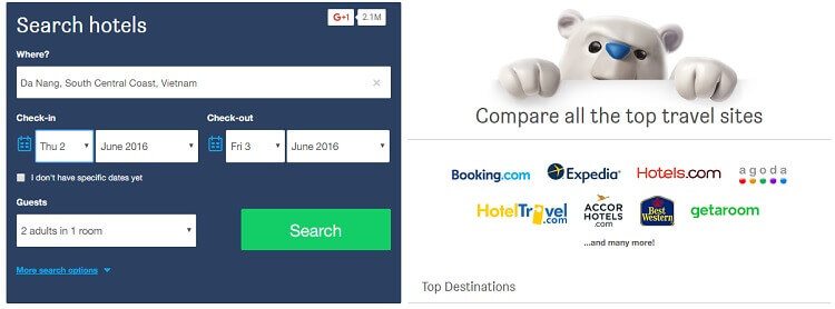 HotelsCombined so sánh giá khách sạn ở khoảng 100 websites đặt phòng khác nhau