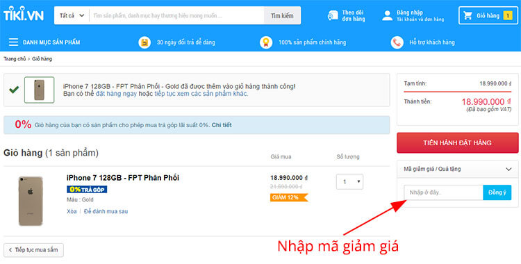 Mục điền mã giảm giá Tiki khi mua hàng