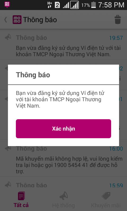 Xác nhận liên kết ví Momo (VCB)