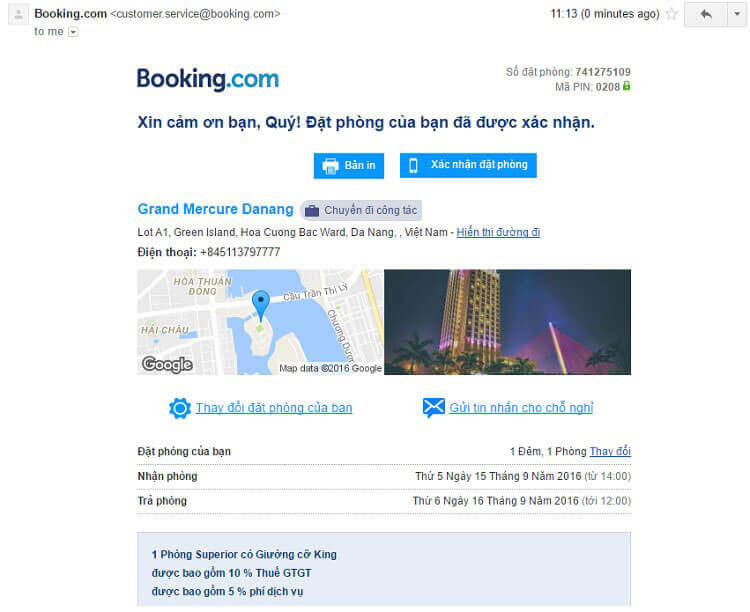 Email xác nhận đặt phòng từ Booking.com