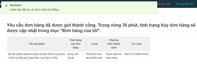 Yêu cầu hủy thành công