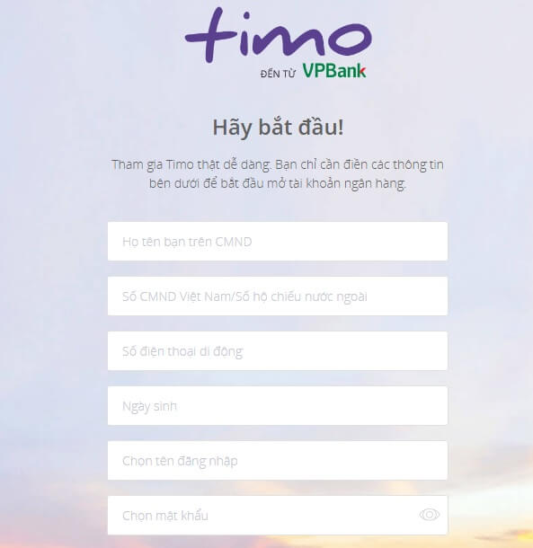 Điền thông tin mở thẻ Timo