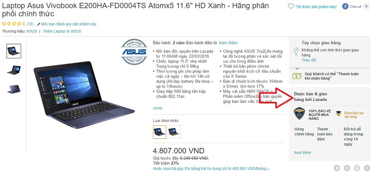 Laptop bán và giao bởi Lazada