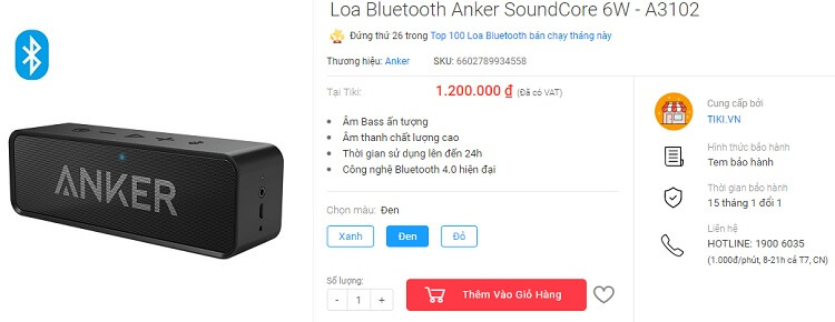 Loa Anker Soundcore mua ở Tiki là 1.2 triệu