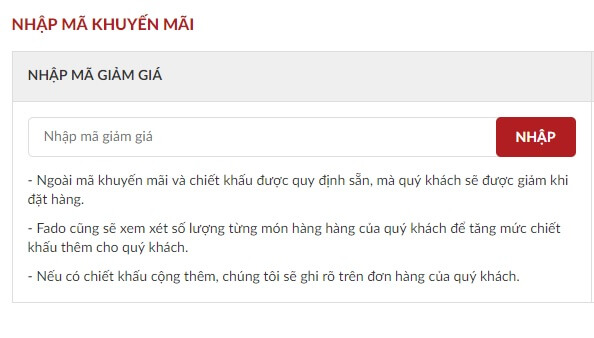 Mục điền mã giảm giá Fado khi mua hàng