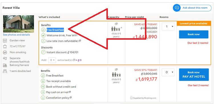 Đặt phòng trực tiếp từ Resort được miễn phí bữa sáng