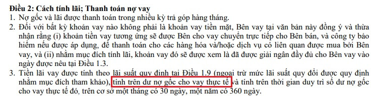 Hợp đồng mập mờ, quy định cách tính lãi vay theo gốc vay chứ không giảm dần khi bạn đã hoàn trả một phần tiền gốc như ngân hàng