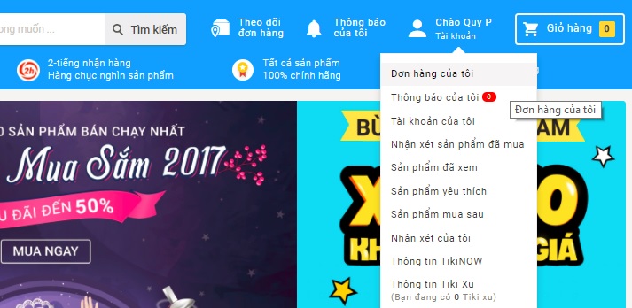 Truy cập mục Đơn hàng của tôi ở Tiki.vn