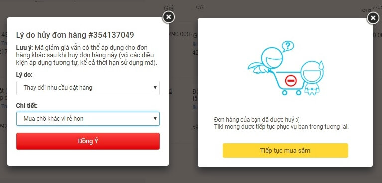 Xác nhận huỷ đơn hàng ở Tiki