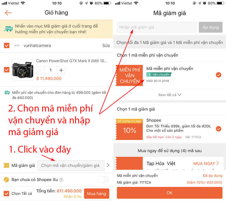 Cách chọn mã miễn phí vận chuyển và nhập mã giảm giá Shopee