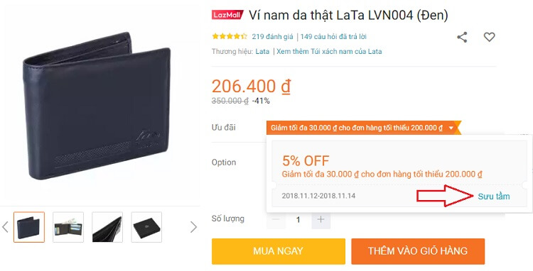 Nút sưu tầm ưu đãi, giảm giá ở Lazada