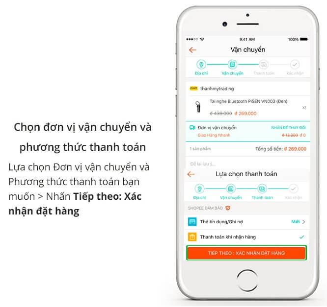 Các bước mua hàng trên ứng dụng Shopee App cũng giống trên Shopee.vn