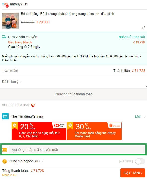 Nhập mã giảm giá Shopee khi đặt hàng