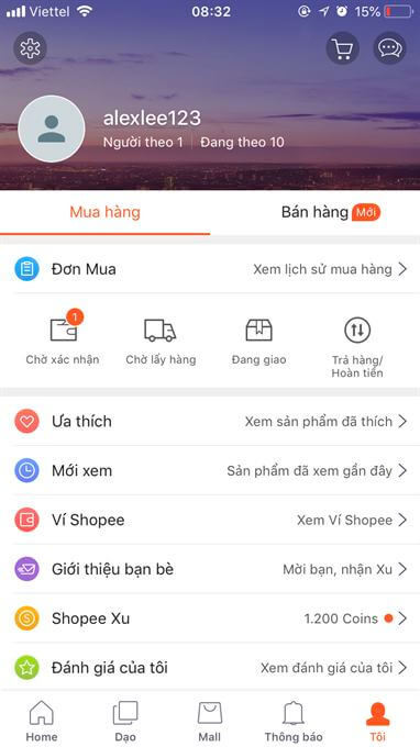 Tài khoản quản lý đơn hàng Shopee