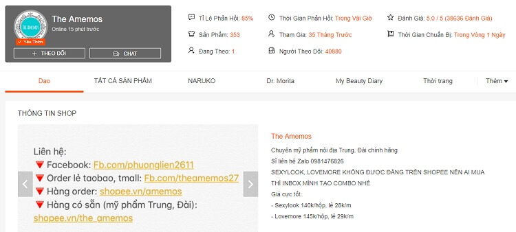 Gian hàng mỹ phẩm uy tín ở Shopee