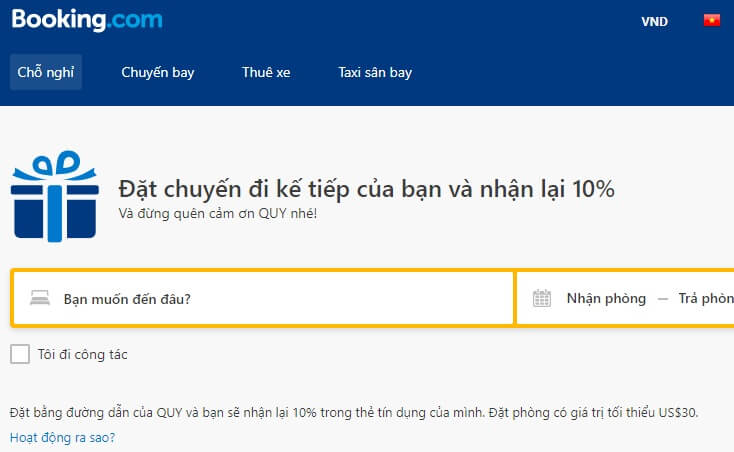 Booking.com hoàn tiền 10% khi đặt khách sạn