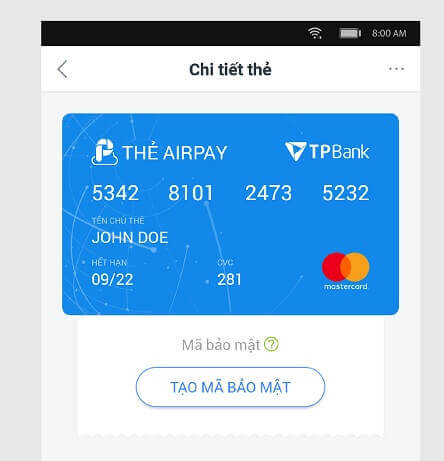 Thẻ MasterCard có thể tạo trên ứng dụng AirPay