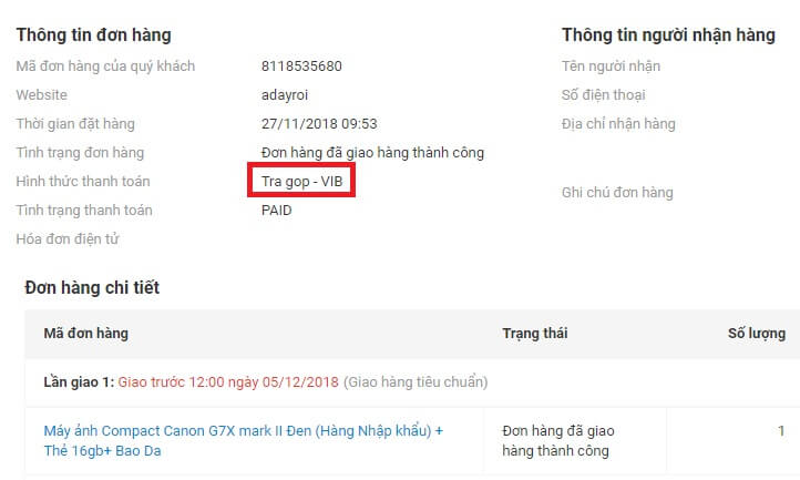 Xác nhận đơn hàng mua máy ảnh trả góp 0% lãi suất online