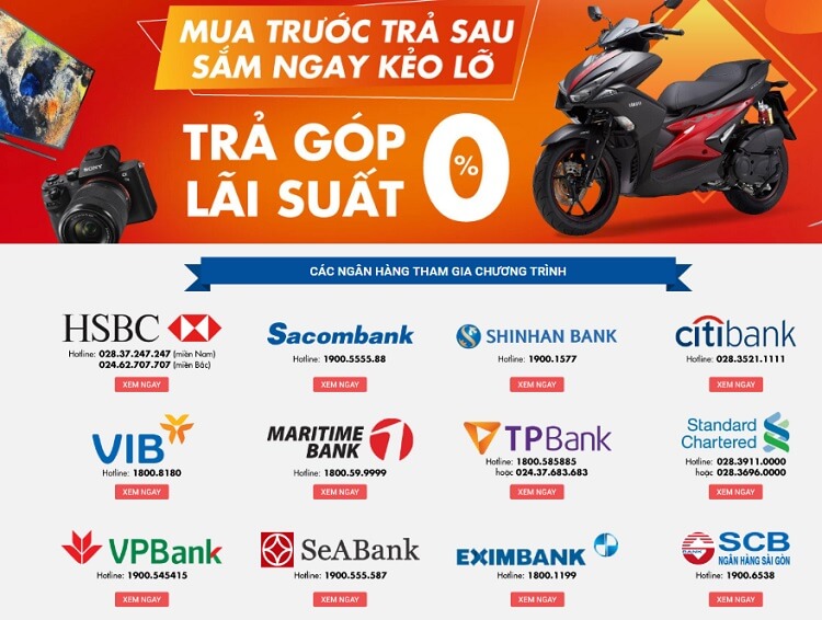 Nhiều ngân hàng hỗ trợ trả góp 0% tại Tiki