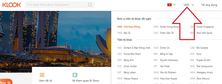 Chọn thanh toán bằng VND trên Klook