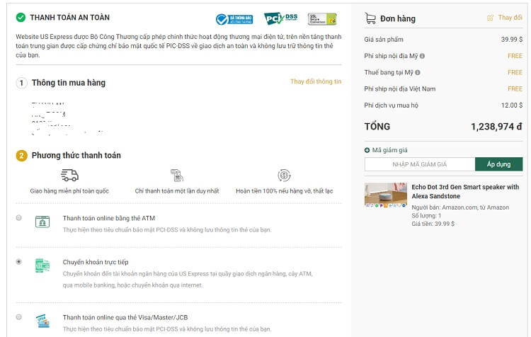 Các hình thức thanh toán đơn hàng trên USExpress
