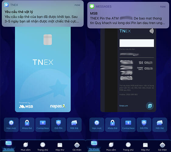 Thông báo tin nhắn mở thẻ thành công và mã PIN của thẻ ATM TNEX